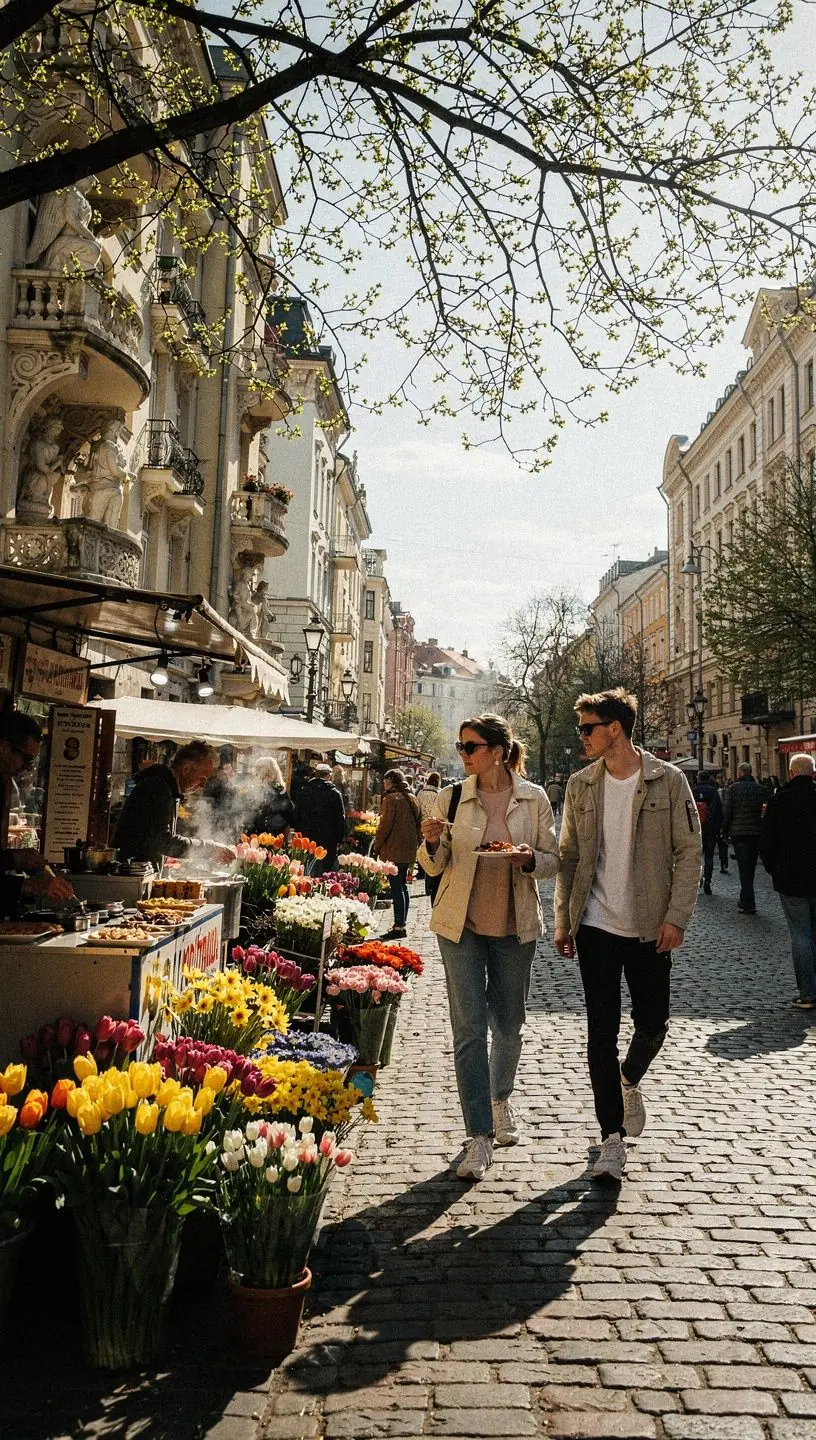A sunny spring day with blooming flowers alongside a coastal road, inviting travelers to explore Latvia's beauty.